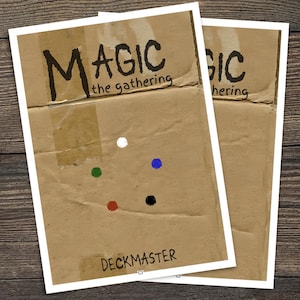 May include: Two Magic: The Gathering Deckmaster card packs. The packs are brown with the word "MAGIC" in large black letters. Below the word "MAGIC" is the text "the gathering". There are five coloured dots and the word "Deckmaster" at the bottom.