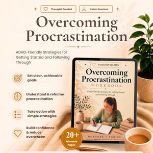 May include: A digital workbook titled Overcoming Procrastination with ADHD-Friendly Strategies for Getting Started and Following Through. The cover features a person writing in a notebook, surrounded by a plant, a candle, and a cup of coffee.