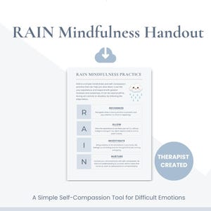 Puede incluir: Un documento blanco RAIN Mindfulness Handout que presenta el acrónimo R-A-I-N con los pasos: Recognize, Allow, Investigate y Nurture. La página incluye un icono de nube con lluvia, el texto Therapist Created y el título RAIN Mindfulness Practice.