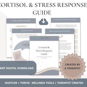 May include: A digital guide titled "Cortisol & Stress Response Guide" with the text "Understanding Stress, Hormones, and Nervous System Balance." The guide includes sections on understanding cortisol, the stress cycle, and high vs. low cortisol levels. The phrase "Instant Digital Download" is also visible.