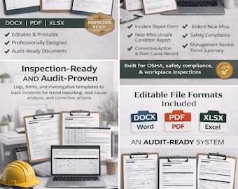 May include: An image showcasing incident reporting documentation packs. The image includes clipboards with forms, laptops displaying data, and the text "Editable & Printable" and "Audit-Ready Documents". The image also includes the text "Professional Incident Reporting Documents".