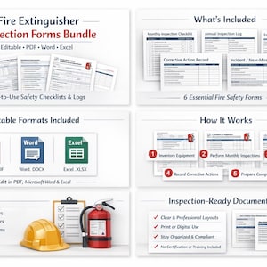 May include: A bundle of fire extinguisher inspection forms, including editable PDF, Word, and Excel formats. The image shows checklists, logs, and safety forms. Also included are a yellow hard hat and a red fire extinguisher.
