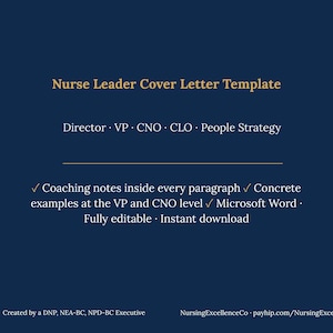May include: A navy blue background with gold text that reads "Nurse Leader Cover Letter Template." Additional text includes "Director, VP, CNO, CLO, People Strategy." Features include coaching notes, concrete examples, Microsoft Word, and instant download.