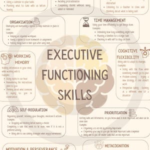 May include: An educational infographic titled Executive Functioning Skills, featuring a central brain illustration surrounded by ten labelled boxes. Each box defines a skill like Planning, Task Initiation, Attention, Organisation, Time Management, Working Memory, Cognitive Flexibility, Self-Regulation, Prioritisation, and Metacognition with bulleted examples.