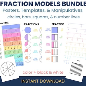 Op de afbeelding: Een bundel educatieve fractiemodellen, waaronder posters, sjablonen en manipulaties. De afbeelding toont cirkels, balken, vierkanten en getallenlijnen die breuken illustreren. De modellen zijn in kleur en zwart-wit, met de tekst "FRACTION MODELS BUNDLE" en "INSTANT DOWNLOAD".