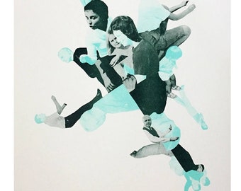 Photomontage Risograph Print, 2 Colour, Limited Edition. Collage Cut-Out Poster Art, People Montage, Green Mint Aqua. 11x17