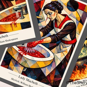 May include: Illustrative artwork depicting scenes from Shakespeare's Macbeth. One image shows a woman washing her hands in a sink filled with red liquid. Other images show a sink with red liquid and a cauldron over a fire. Text includes "Macbeth" and "Lady Macbeth".