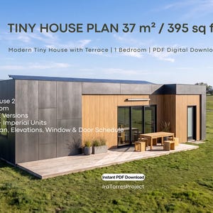 Könnte beinhalten: Ein digitaler PDF-Plan für ein 37 m² großes Tiny House mit modernem Design, Terrasse, einem Schlafzimmer sowie einer Fassade aus Holz und dunklen Paneelen. Das Dokument enthält Grundrisse, Ansichten sowie einen Fenster- und Türplan.