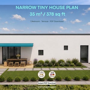 Schmaler Tiny-House-Entwurf 35 qm PDF, moderner Grundriss mit Terrasse, Deutsch und Englisch