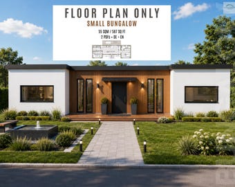 May include: A modern bungalow with white exterior walls and vertical wood paneling, featuring a central black door, large windows, and a flat roof. Text reads: FLOOR PLAN ONLY, SMALL BUNGALOW, 55 SQM / 587 SQ FT, 2 PDFS • DE • EN.