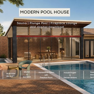 Poolhaus-Entwurf mit Homeoffice-Option, Sauna, Tauchbecken & Kaminzimmer – PDF DE+EN