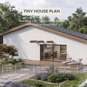 Moderne Tiny-House-Pläne mit Schlafloft, PDF-Download auf Deutsch und Englisch