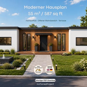 Könnte beinhalten: Ein moderner Hausplan mit 55 m² / 587 sq ft Wohnfläche, Homeoffice, offenem Wohnbereich und Terrasse. Die Fassade ist weiß mit Holzverkleidung, schwarzen Fensterrahmen und einer zentralen Tür, ergänzt durch einen Vorgarten mit einem Brunnen.
