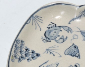 Vintage Stoneware Dish,Blue Design,Sea Creatures,Primitive,Heart Shaped,FREE Shipping