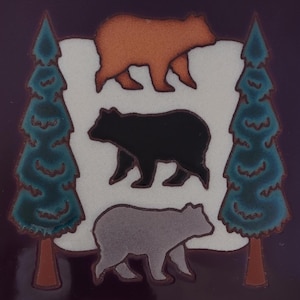 Vintage Tile/Trivet,Masterworld Handcrafted Art Tiles,Mountain Scene,Pines and Bears,Hand Painted Ceramic Tile,Home Decor,FREE Shipping