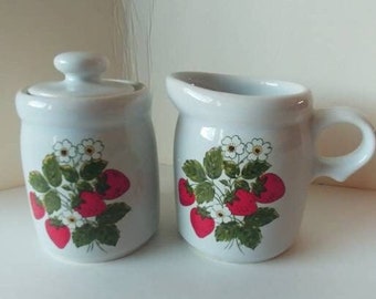 Vintage Ceramic Cream and Sugar Set With Strawberries Design,McCoy Pottery,Country Kitchen,Farm House Decor,FREE SHIPPING