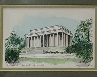 Vintage Print,Hand Painted Water Color,Lincoln  Memorial,Washington DC,National Monument,Matted,Home Decor,Free Shipping