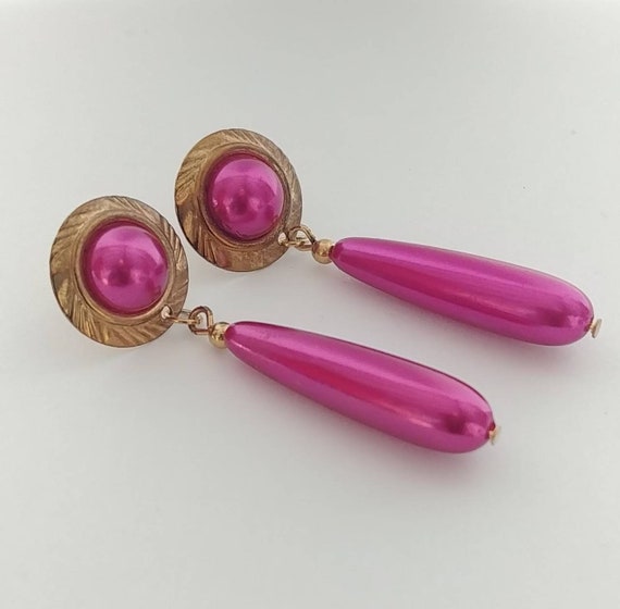 Vintage Earrings,Goltone and Pink Fuchsia Earring… - image 1