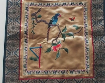Vintage Silk Square Panel With Hand Embroidered Exotic Bird,Fruit Tree and Butterfly,Embroidery,Home Decor,FREE Shipping