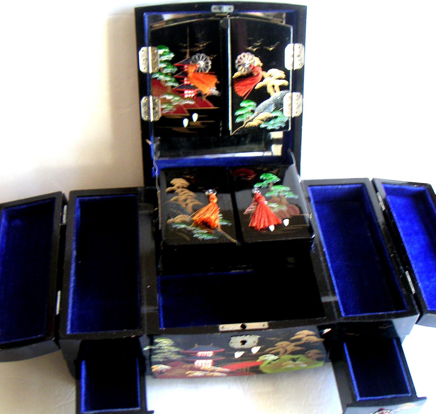 Vintage Japanese Black Lacquered Wood Jewelry Box Multi Tier Etsy