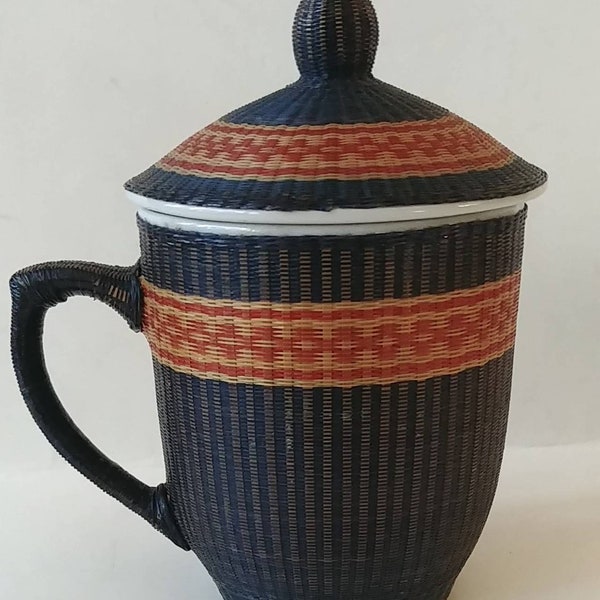 Vintage Asian Cup With Lid,Ceramic,Black and Brown,Baske Weave Design,Birthday,Mothers Day, Keepsake,FREE Shipping