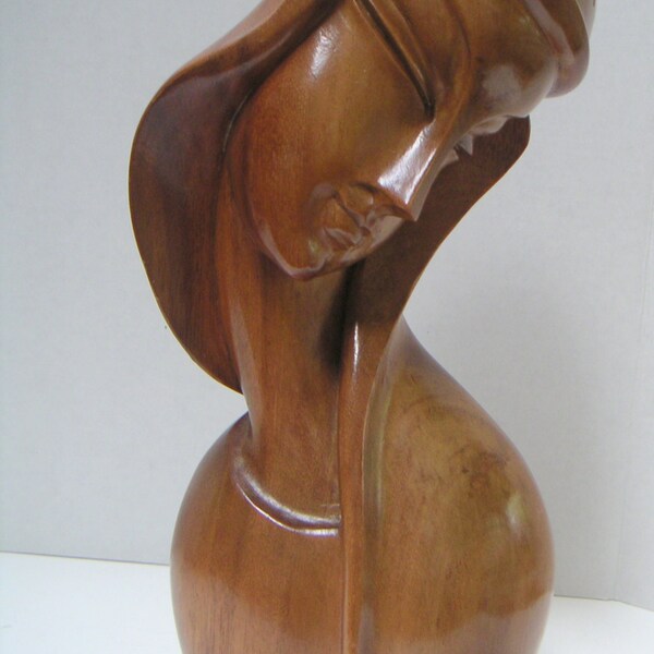 Vintage sculpté bois buste de femme, Mid Century Modern, teck, fête des mères, anniversaire