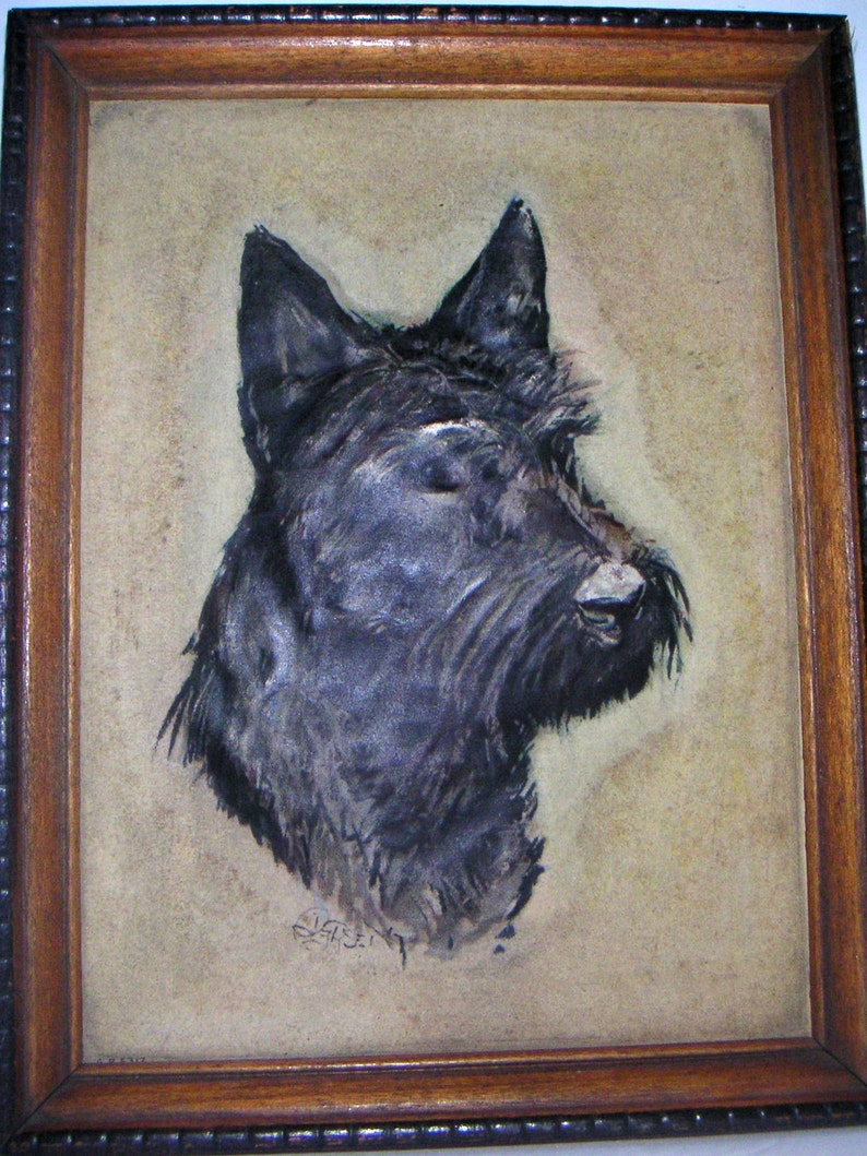 Vintage Scottie Dog In Wood Frame Sottish