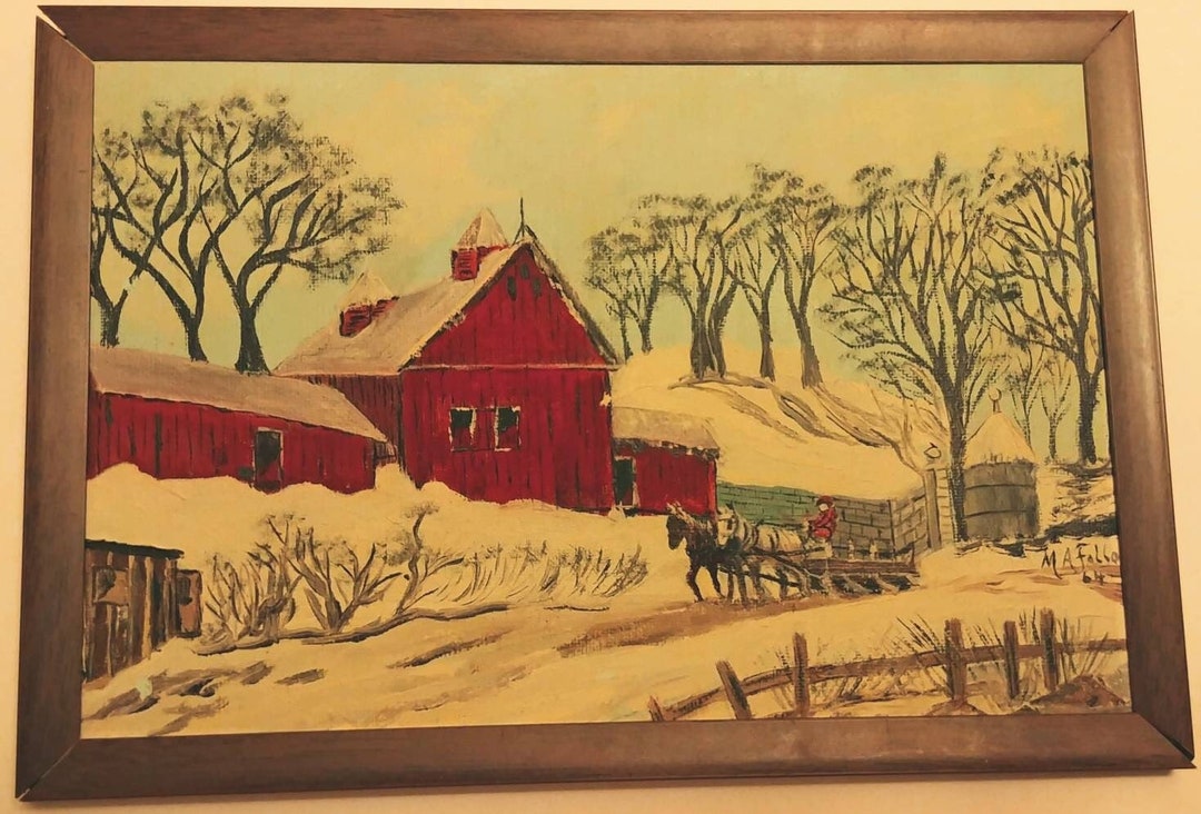 Vintage Acrylic Paintingsred Barn in Snow and Red Barn by the Etsy
