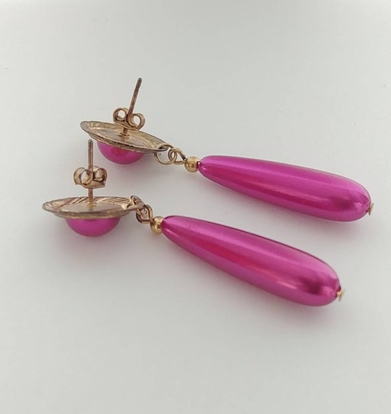 Vintage Earrings,Goltone and Pink Fuchsia Earring… - image 2