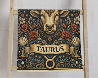 Taurus Zodiac Hand Towel with Ornate Bull Art, Astrology Cotton Towel Gift, Celestial Horoscope Bathroom Decor for Taurus Sign Lovers