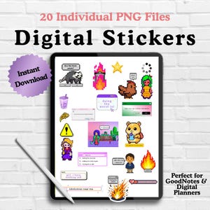 May include: A tablet screen displaying 20 pixel art digital stickers including a raccoon, a hamster, flames, a star, a loading icon, a bubble tea, a slice of pizza, and various computer-style pop-up windows with text like doing the worst lol.
