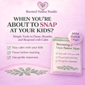 May include: A pink and white graphic with the text "WHEN YOU'RE ABOUT TO SNAP AT YOUR KIDS?" and "Becoming a More Patient Mom." It includes a mini guide with 5 pages and tips to stay calm.