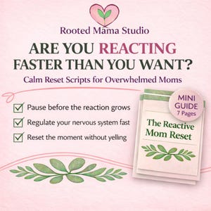May include: A pink and white graphic with the text "ARE YOU REACTING FASTER THAN YOU WANT?" and "Calm Reset Scripts for Overwhelmed Moms." A mini guide titled "The Reactive Mom Reset" is also featured.