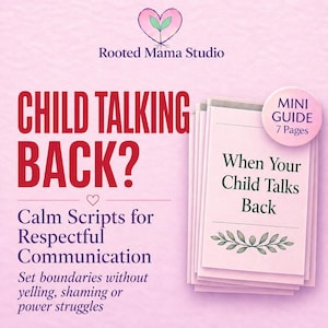 May include: A seven-page mini guide titled When Your Child Talks Back, featuring a stack of light pink papers. The text reads Child Talking Back? Calm Scripts for Respectful Communication, Set boundaries without yelling, shaming or power struggles.