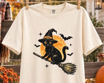 Witch Cat Halloween Shirt, Vintage Broomstick Rider Cat Tee, Spooky Season Tee,Comfort Colors Cat Lover Gift, Halloween Black Cat Energy Tee