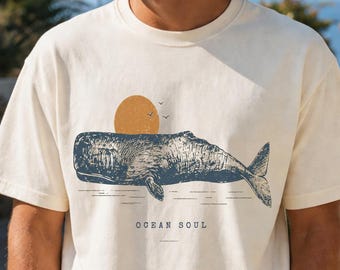 Ocean Soul Whale T-Shirt, Comfort Colors Vintage Sperm Whale Nautical Graphic Tee, Ocean Nature Lover Gift, Retro Sun and Sea Minimalist Tee