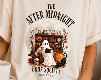 The After Midnight Book Society Shirt, Gothic Halloween T-Shirt, Comfort Colors Book Reading Ghost Tee, Spooky Season Book Lover Long Sleeve