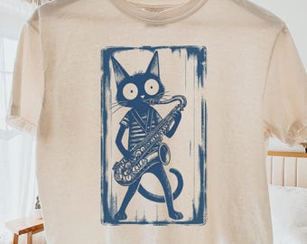 Vintage Jazz Saxophone Cat Boxy Tee, Linocut Cat Sax Player Comfort Colors Boxy, Retro Music Lover Crop Top, Musician Gift, Vintage Jazz Cat