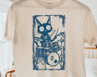 Vintage Drummer Cat Boxy Tee, Linocut Drum Kit Cat Comfort Colors Boxy, Retro Music Lover Crop Top, Musician Gift, Vintage Drummer Cat Boxy
