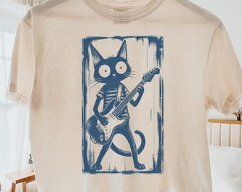 Vintage Electric Guitar Cat Boxy Tee, Linocut Guitarist Cat Comfort Colors Boxy, Retro Music Lover Crop Top, Musician Gift, Vintage Rock Cat