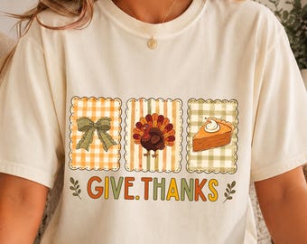 Cute Thanksgiving Shirt, Give Thanks Shirt, Comfort Colors Thanksgiving Tee, Vintage Stamp Autumn Tee, Coquette Turkey Pumpkin Pie Shirt
