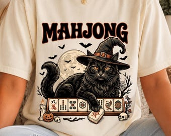 Mahjong Halloween Shirt, Comfort Colors Witch Cat Mahjong Tee, Spooky Season Game Night Shirt, Black Cat Mahjong Player Friendsgiving Gift