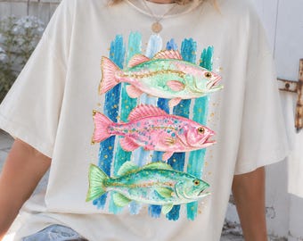Vintage Coastal Fish Shirt, Comfort Colors Lake Life Tee, Colorful Trout Graphic Tshirt, Beach Travel Gift, Saltwater Boho Fishing Lover Tee