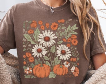 Vintage Distressed Boho Floral Shirt, Cottagecore Pumpkin Fall Shirt, Comfort Colors Wildflower Autumn Tee, Retro Botanical Fall Graphic Tee