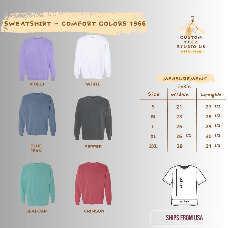 May include: A product image displays six sweatshirts in various colors: violet, white, blue jean, pepper, seafoam, and crimson. A size chart shows measurements in inches, with a graphic illustrating width and length.