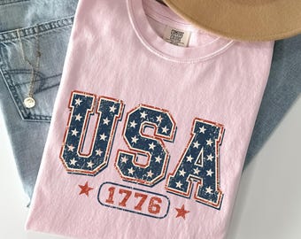 Vintage USA 1776 Shirt, Distressed 4th of July Gift, Comfort Colors Independence Day Tee, USA 250th Anniversary Gift, Patriotic Varsity Tee