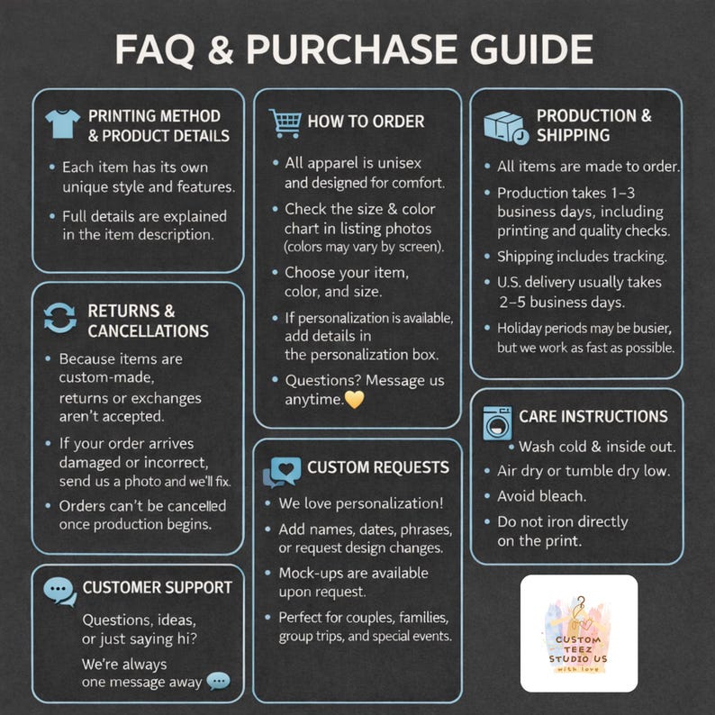 May include: An infographic titled "FAQ & PURCHASE GUIDE" with sections on printing methods, how to order, production, returns, custom requests, customer support, and care instructions. The guide includes details on apparel, personalization, and order processes.
