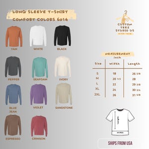 Puede incluir: Una selecci&oacute;n de camisetas de manga larga en varios colores, incluyendo Yam, Blanco y Negro. La imagen incluye una tabla de tallas con medidas en pulgadas, desde la talla S (45.7 cm de ancho, 67.6 cm de largo) hasta la 2XL (66 cm de ancho, 80.3 cm de largo).
