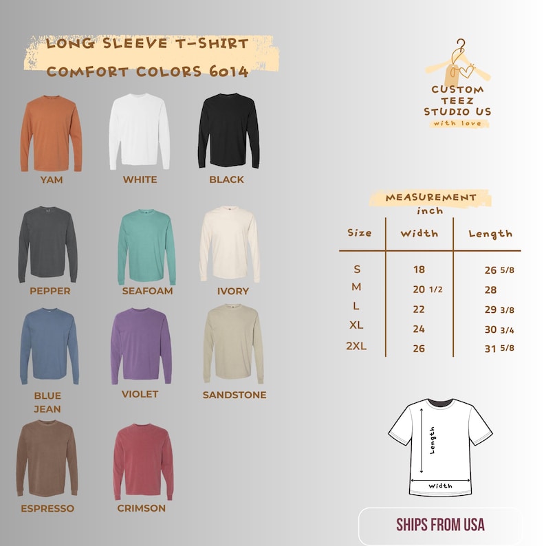 Puede incluir: Una selecci&oacute;n de camisetas de manga larga en varios colores, incluyendo Yam, Blanco y Negro. La imagen incluye una tabla de tallas con medidas en pulgadas, desde la talla S (45.7 cm de ancho, 67.6 cm de largo) hasta la 2XL (66 cm de ancho, 80.3 cm de largo).