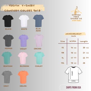 May include: Youth t-shirts in various colors, including black, white, and blue jean. The image displays a color chart with names like pepper, violet, and orchid. Measurement details are provided in inches for different sizes.